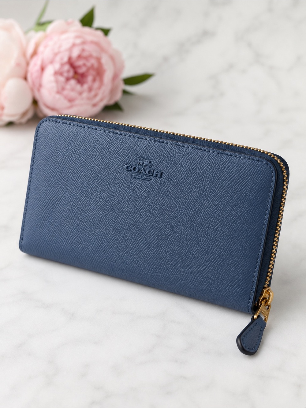 Coach Accordion Zip Wallet Blue Crossgrain Leather Gold NWT $225 - Picture 8 of 8